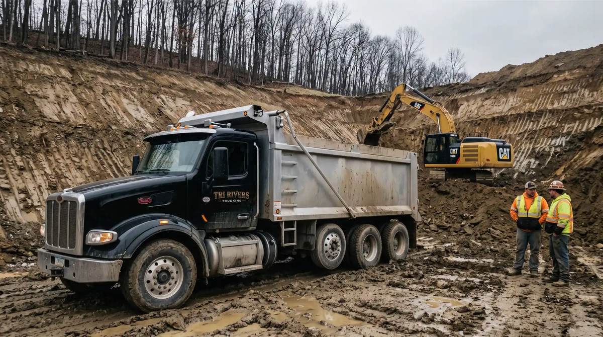 Excavation spoil being loaded on a hillside cut